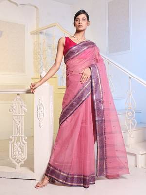 Lavender Handwoven Cotton Tant Saree Without Blouse 1