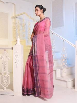 Lavender Handwoven Cotton Tant Saree Without Blouse 3