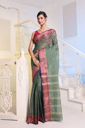 Russian Green Handwoven Cotton Tant Saree Without Blouse