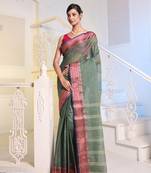 Russian Green Handwoven Cotton Tant Saree Without Blouse