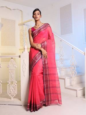 Hot Pink Handwoven Cotton Tant Saree Without Blouse 1