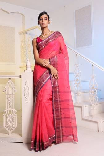 Hot Pink Handwoven Cotton Tant Saree Without Blouse