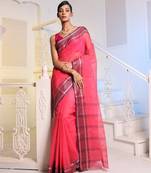 Hot Pink Handwoven Cotton Tant Saree Without Blouse
