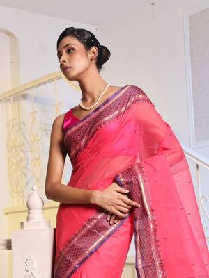Hot Pink Handwoven Cotton Tant Saree Without Blouse 2