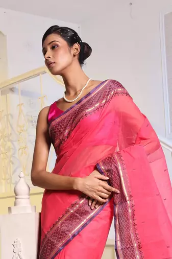 Hot Pink Handwoven Cotton Tant Saree Without Blouse