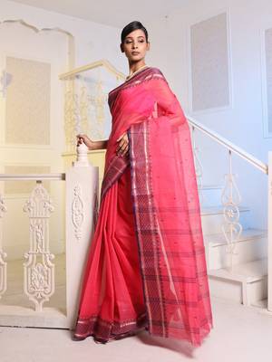 Hot Pink Handwoven Cotton Tant Saree Without Blouse 3