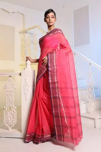 Hot Pink Handwoven Cotton Tant Saree Without Blouse