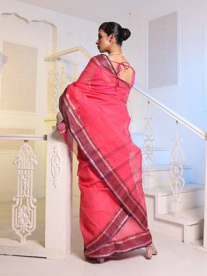 Hot Pink Handwoven Cotton Tant Saree Without Blouse 4