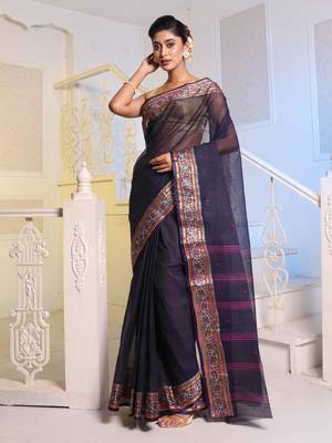 Navy Blue Handwoven Cotton Tant Saree 1