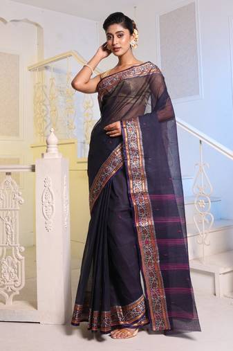 Navy Blue Handwoven Cotton Tant Saree