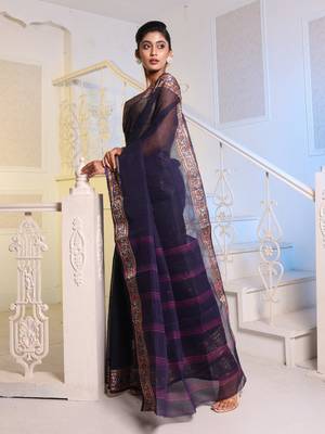 Navy Blue Handwoven Cotton Tant Saree 3