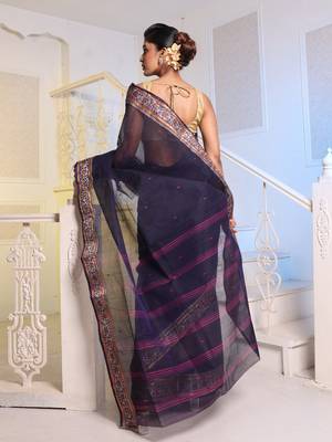 Navy Blue Handwoven Cotton Tant Saree 4
