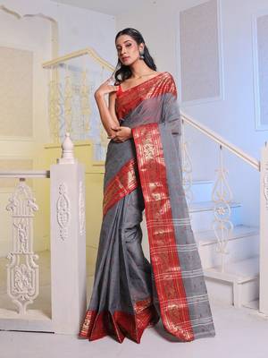 Grey Handwoven Cotton Tant Saree Without Blouse 2