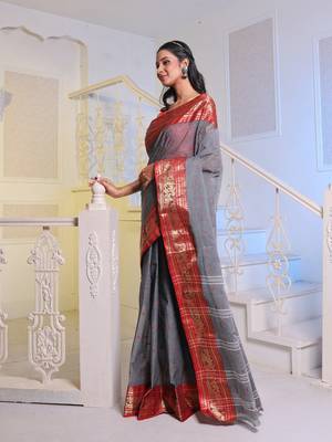 Grey Handwoven Cotton Tant Saree Without Blouse 3