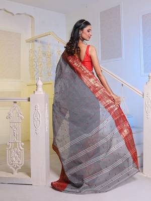 Grey Handwoven Cotton Tant Saree Without Blouse 4