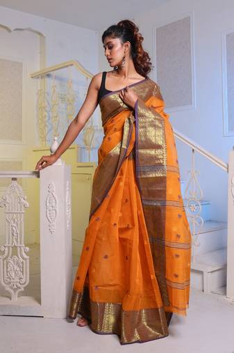 Honey Yellow Handwoven Cotton Tant Saree Without Blouse