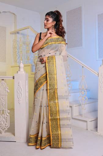 Ecru Handwoven Cotton Tant Saree