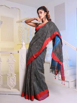 Black Handwoven Cotton Blend Gheecha Saree 1