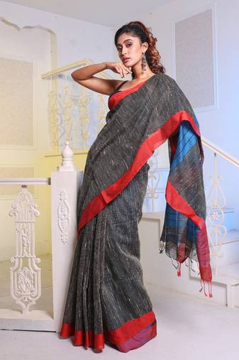 Black Handwoven Cotton Blend Gheecha Saree