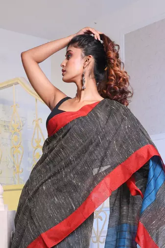 Black Handwoven Cotton Blend Gheecha Saree