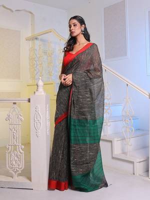 Black Handwoven Cotton Blend Gheecha Saree 1