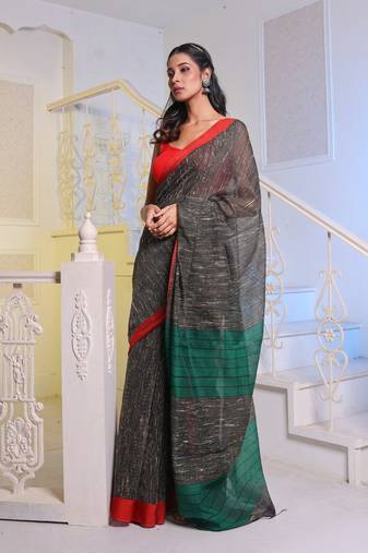 Black Handwoven Cotton Blend Gheecha Saree