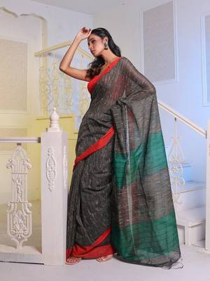 Black Handwoven Cotton Blend Gheecha Saree 2