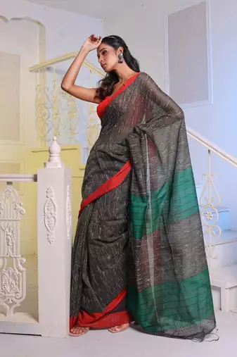 Black Handwoven Cotton Blend Gheecha Saree