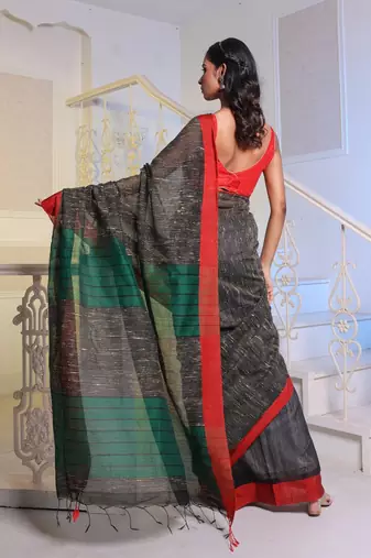 Black Handwoven Cotton Blend Gheecha Saree