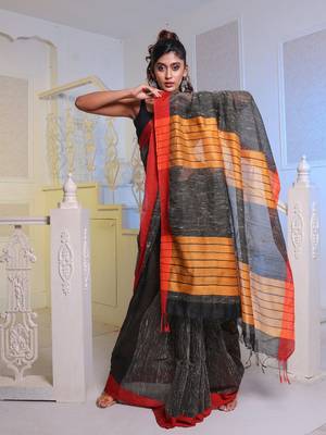 Black Handwoven Cotton Blend Gheecha Saree 1