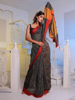 Black Handwoven Cotton Blend Gheecha Saree 2