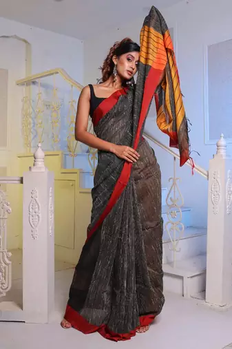 Black Handwoven Cotton Blend Gheecha Saree