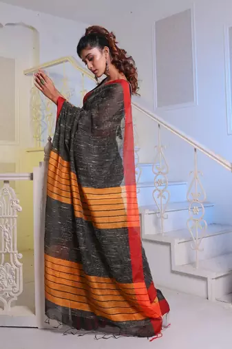 Black Handwoven Cotton Blend Gheecha Saree