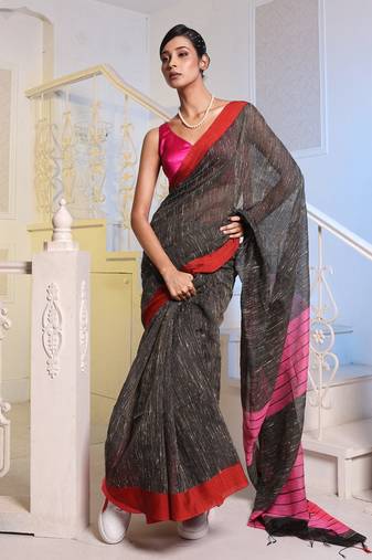 Black Handwoven Cotton Blend Gheecha Saree