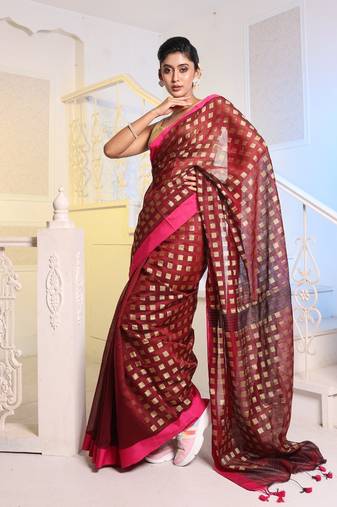 Maroon Handwoven Cotton Blend Soft Saree With Zari Woven Checked Box Design