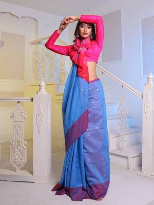 Sky Blue Handwoven Cotton Blend Soft Saree With Mirror Work 1