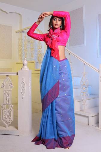 Sky Blue Handwoven Cotton Blend Soft Saree With Mirror Work