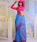 Sky Blue Handwoven Cotton Blend Soft Saree With Mirror Work