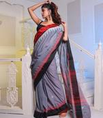 Grey Cotton Handwoven Soft Saree With Temple Borders