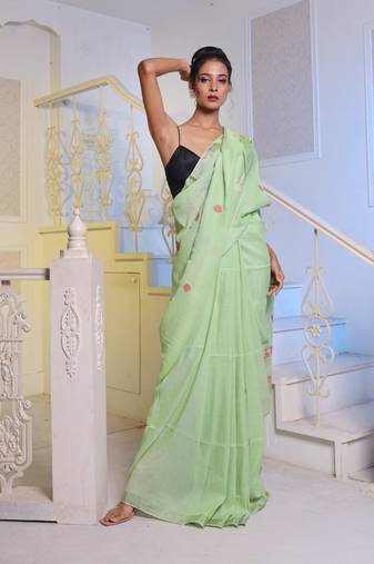 Light Green Cotton Handwoven Soft Saree With Zari Borders