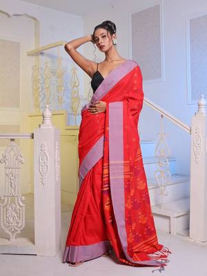 Red Cotton Soft Saree With Textured Designs 1