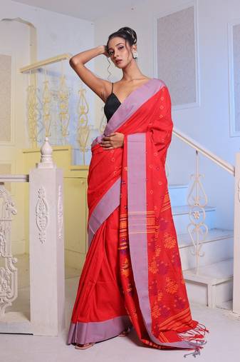 Red Cotton Soft Saree With Textured Designs