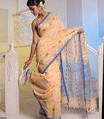 Beige Cotton Blend Handwoven Saree With Woven Floral Designs