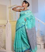 Sea Green Cotton Blend Handwoven Saree With Woven Floral Designs