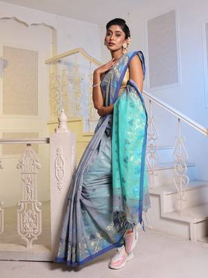 Grey Cotton Blend Handwoven Saree With Woven Floral Designs 1