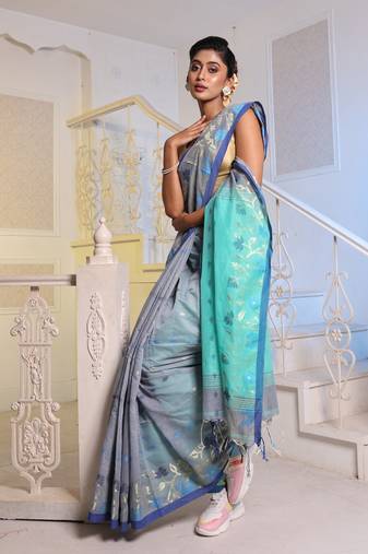 Grey Cotton Blend Handwoven Saree With Woven Floral Designs