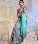 Grey Cotton Blend Handwoven Saree With Woven Floral Designs