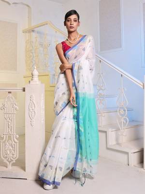 White Cotton Blend Handwoven Saree With Woven Floral Designs 1