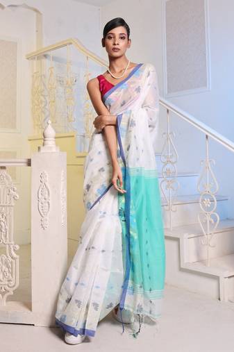 White Cotton Blend Handwoven Saree With Woven Floral Designs