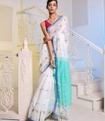 White Cotton Blend Handwoven Saree With Woven Floral Designs